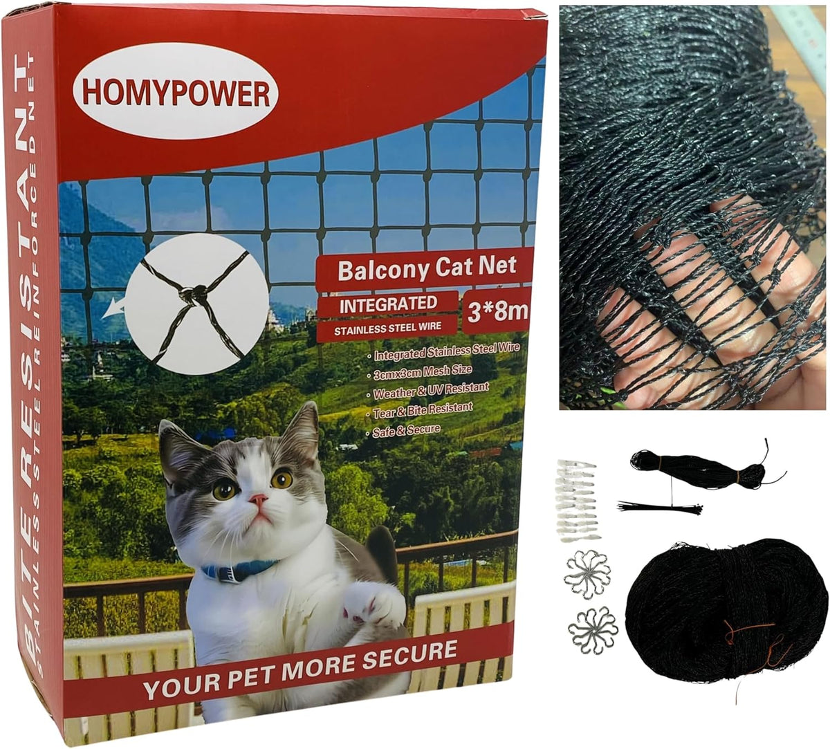 Cat Netting Balcony, 10x13 ft Stainless Steel Reinforced Bite Tear UV and Weather-Resistant Anti-Fall Netting for Pets, 
