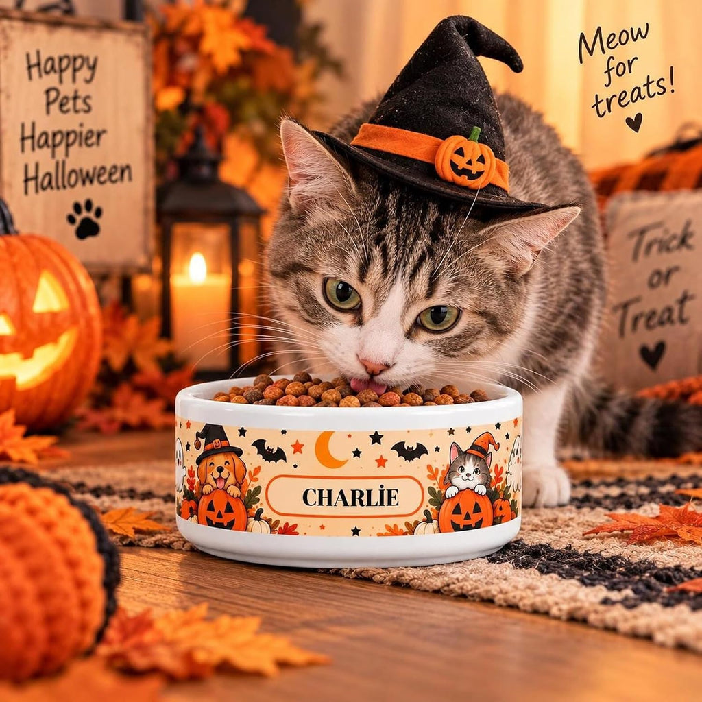 Personalized Halloween Pet Bowl, Custom Dog Cat Ceramic Feeder Dish Gift