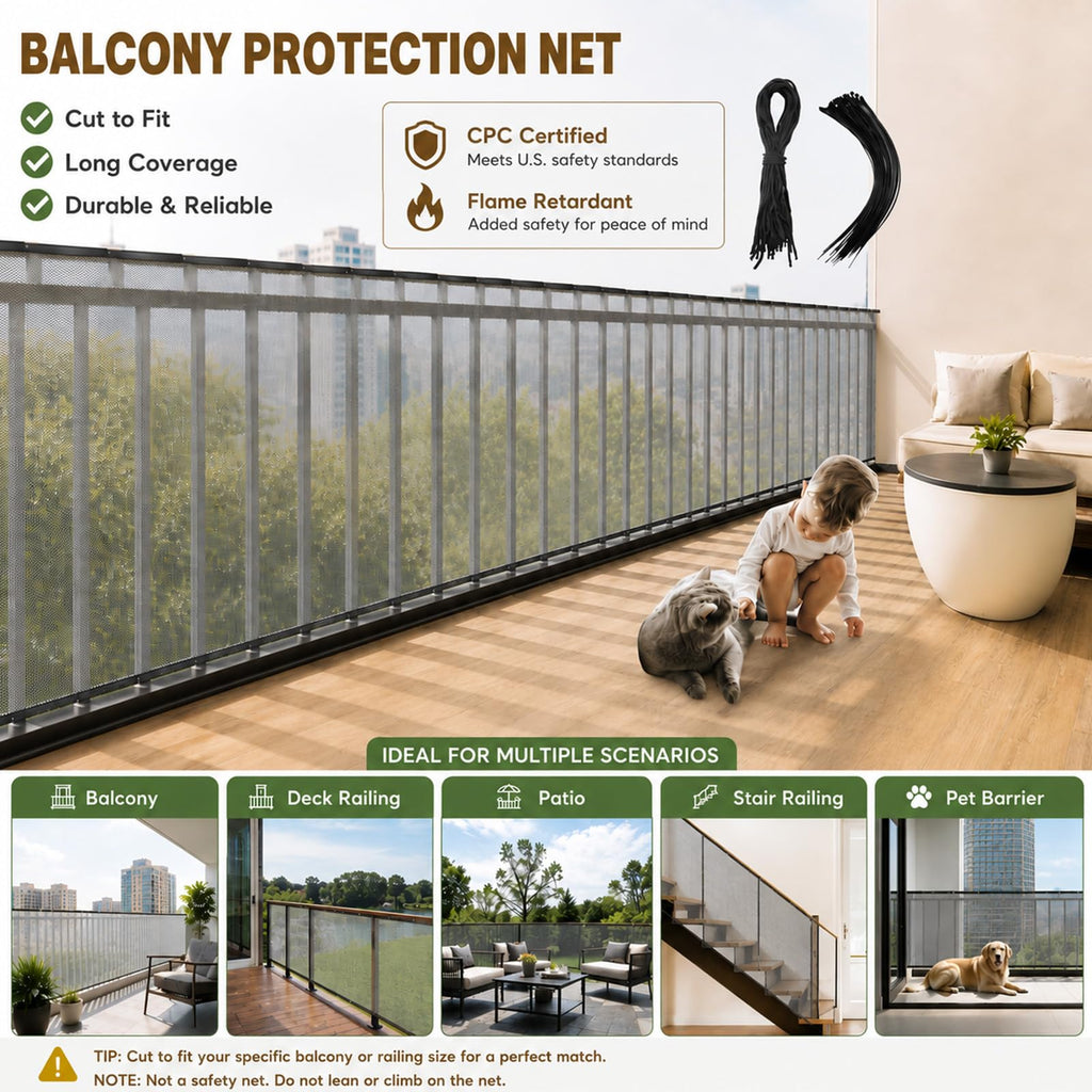 Hosuly Banister Guard Balcony Netting, 15 x 3 ft, Black, 1 Set
