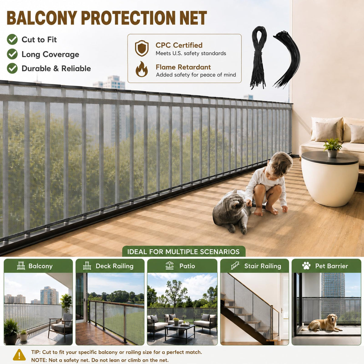 Hosuly Banister Guard Balcony Netting, 15 x 3 ft, Black, 1 Set