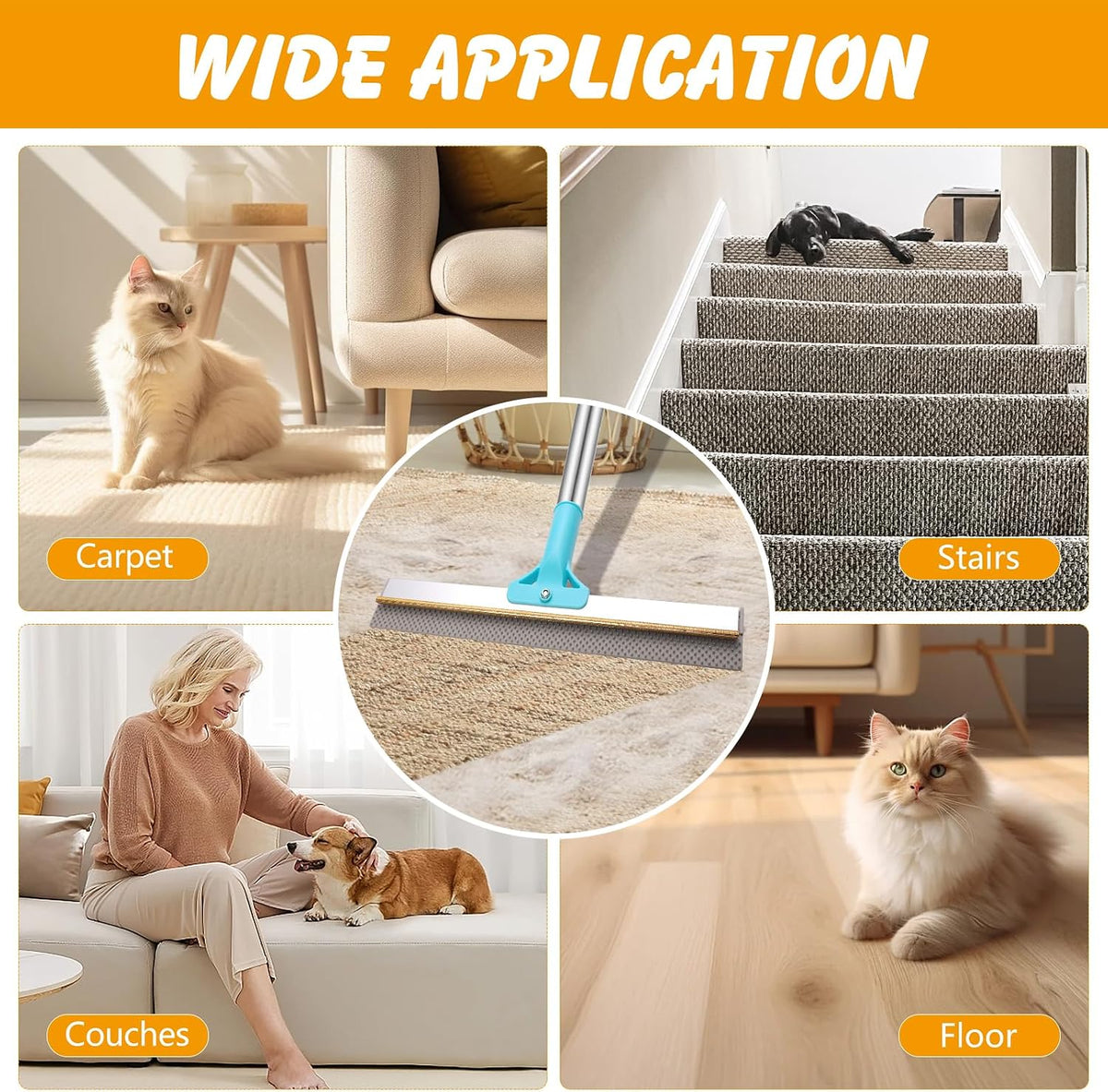 2-in-1 Carpet Rake for Pet Hair, 54" Adjustable Handle