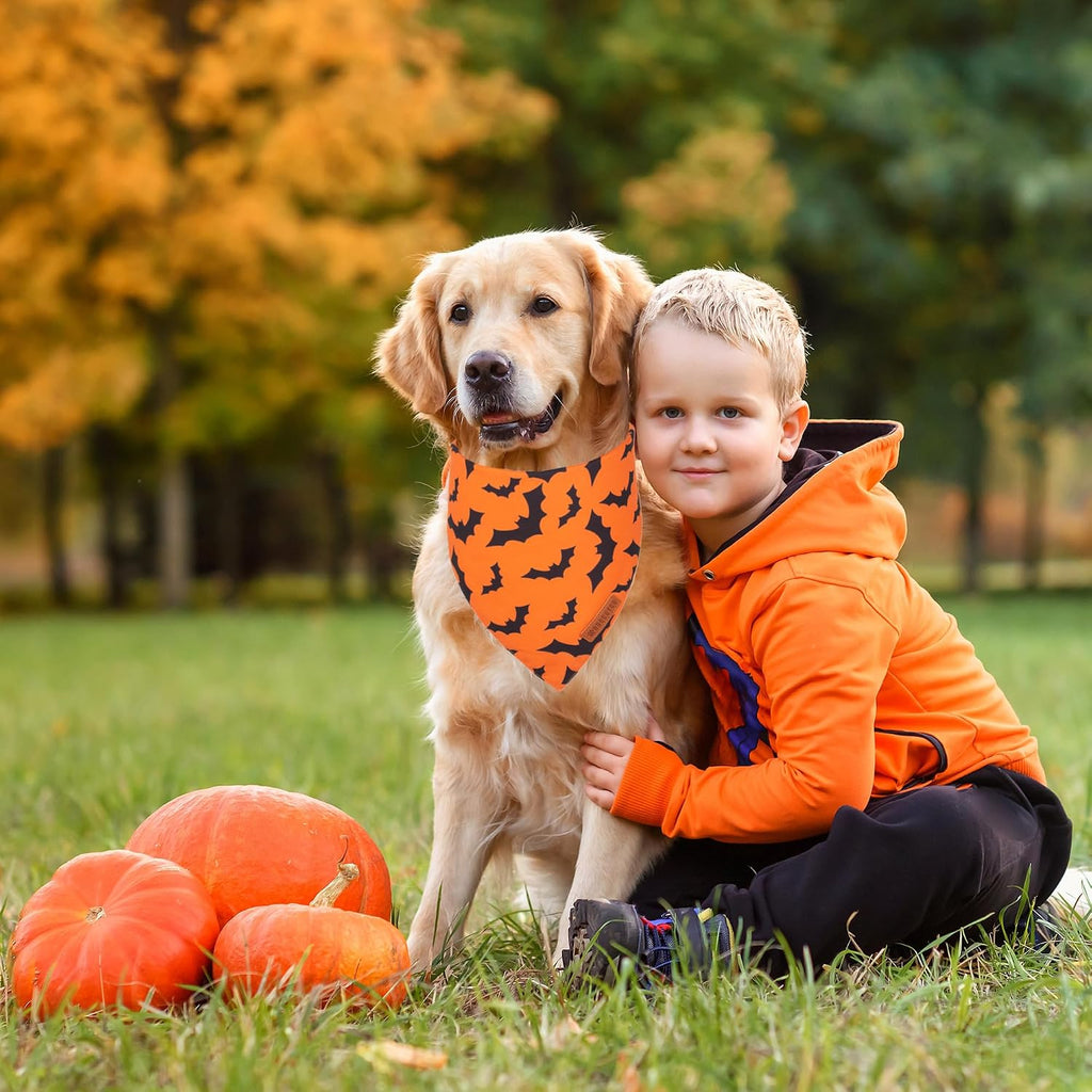 Halloween Dog Bandanas, Reversible Bat Pumpkin Dog Scarf, X-Large