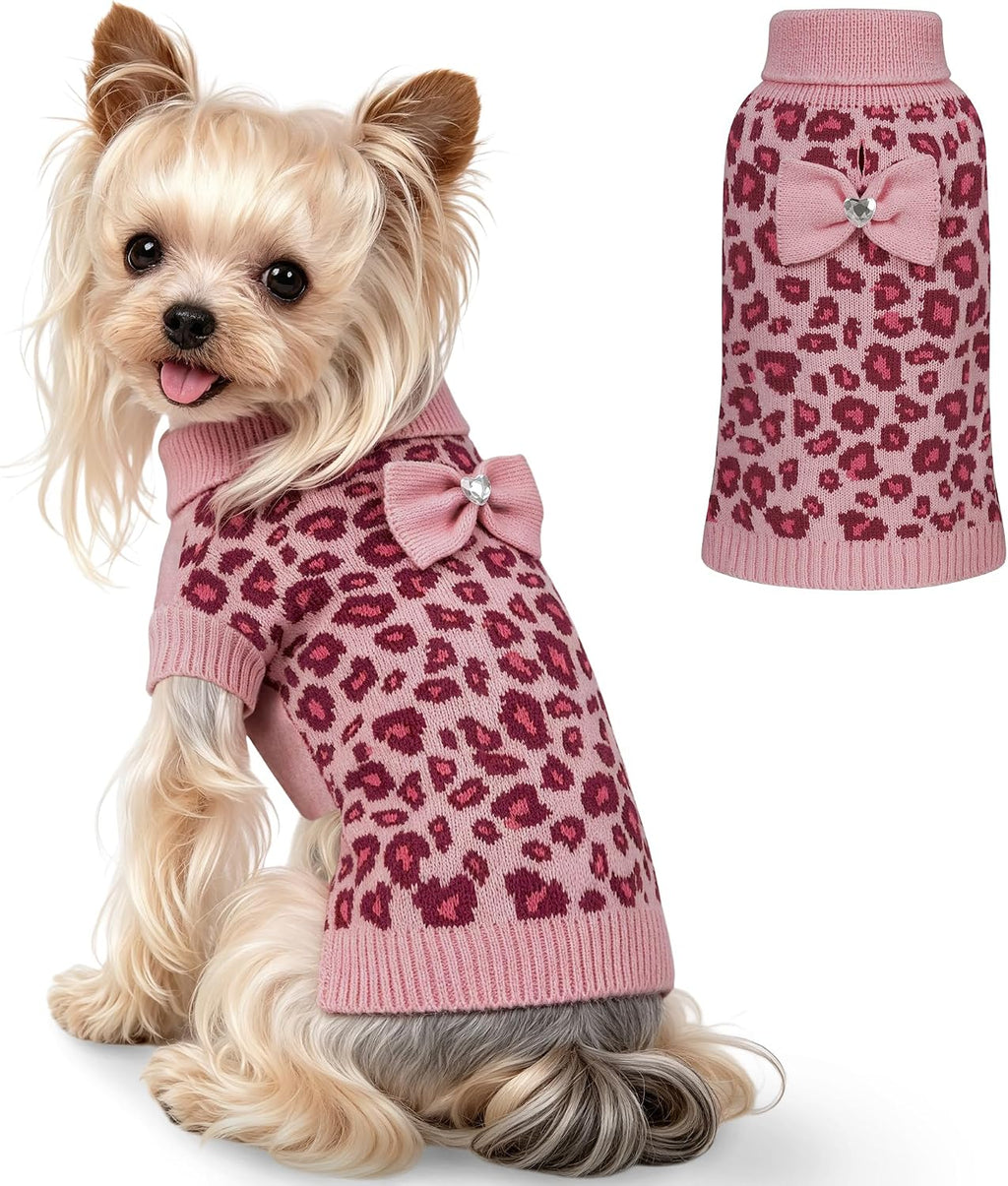 WOYYHO Small Dog Sweater Dress with Bowtie, Knitted Leopard Pet Dog Clothes