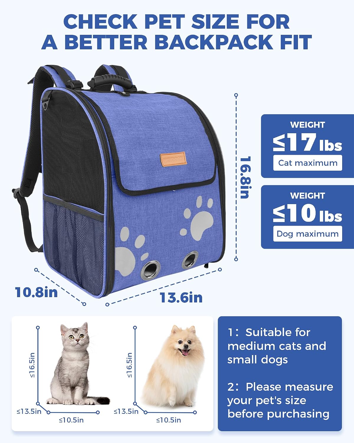 Hiking Backpack Carrier for Cats & Small Dogs, Travel Pet Carrier, Blue