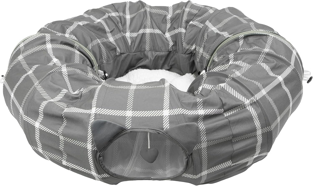 Kitty City Large Cat Tunnel Bed, 2-in-1 Zip-Together Cat Play Tunnel & Plush Nap Bed, Pop-Up Indoor Cat Toy with Hanging