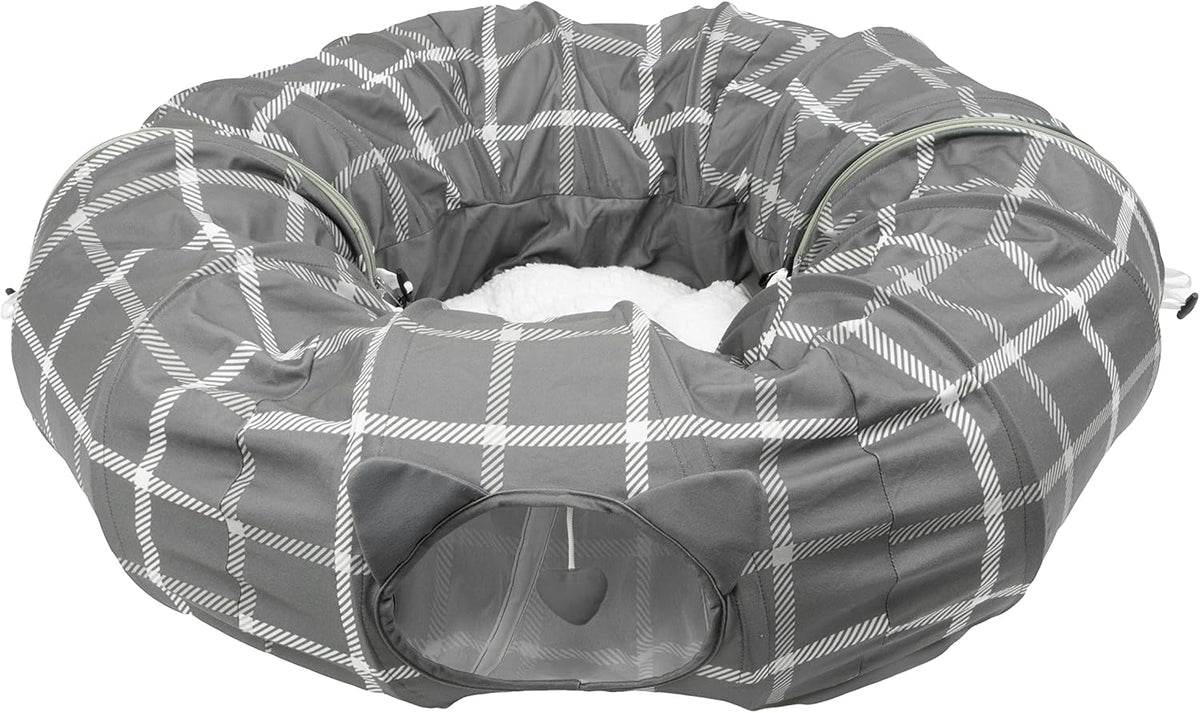 Kitty City Large Cat Tunnel Bed, 2-in-1 Zip-Together Cat Play Tunnel & Plush Nap Bed, Pop-Up Indoor Cat Toy with Hanging