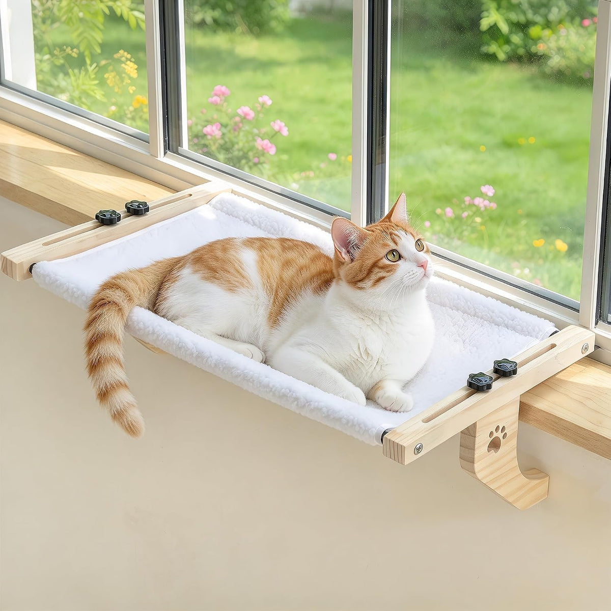 AMOSIJOY Cat Windowsill Perch with Wood & Metal Frame for Large Cat, 21.7in