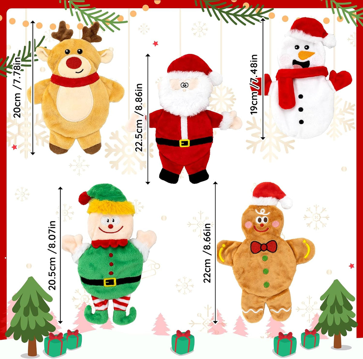 5 Pack Christmas Dog Toys for Small Medium Dogs, No Stuffing Plush Squeaky Dog Toys with Crinkle Paper, Holiday Santa Re