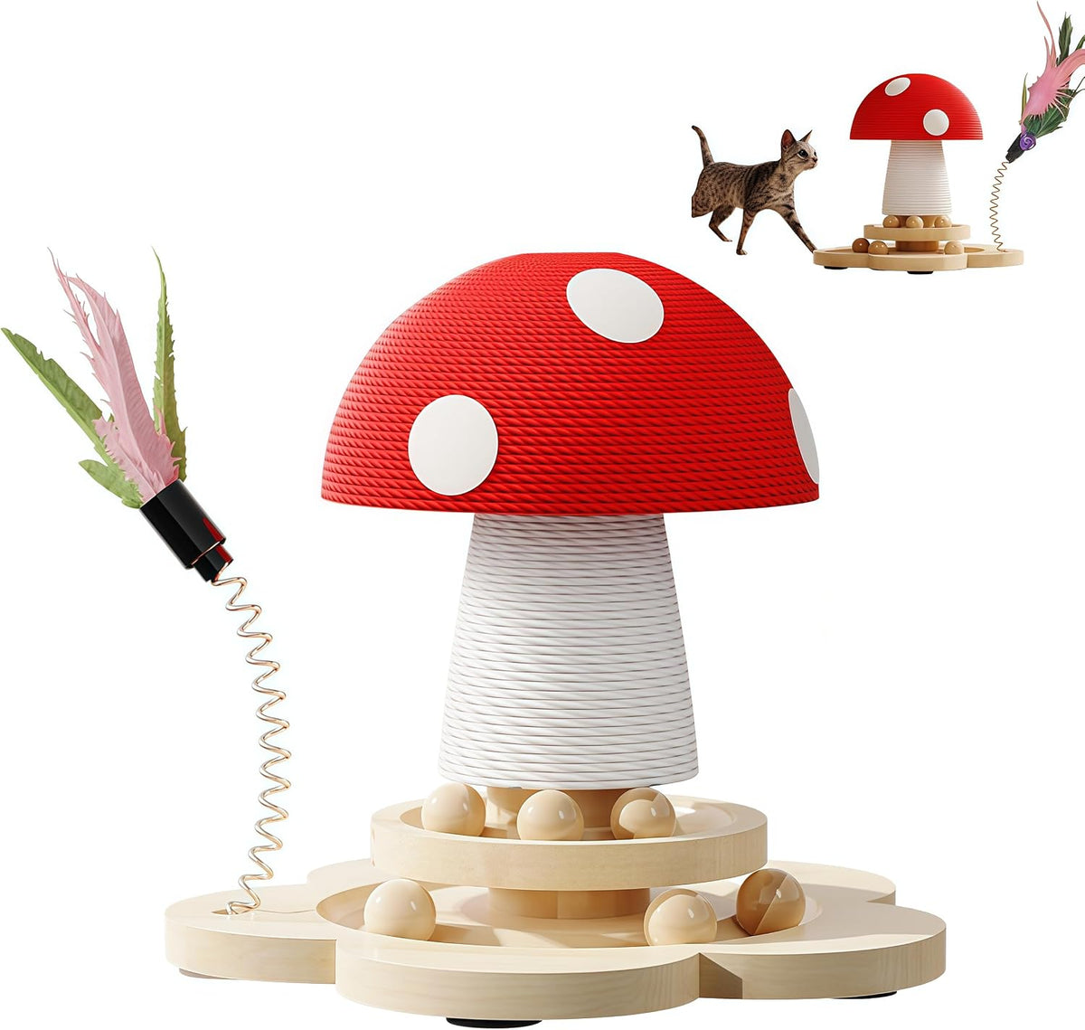 Mushroom Shape, Sisal Scratching Post with Double Layer Turntable & Feather