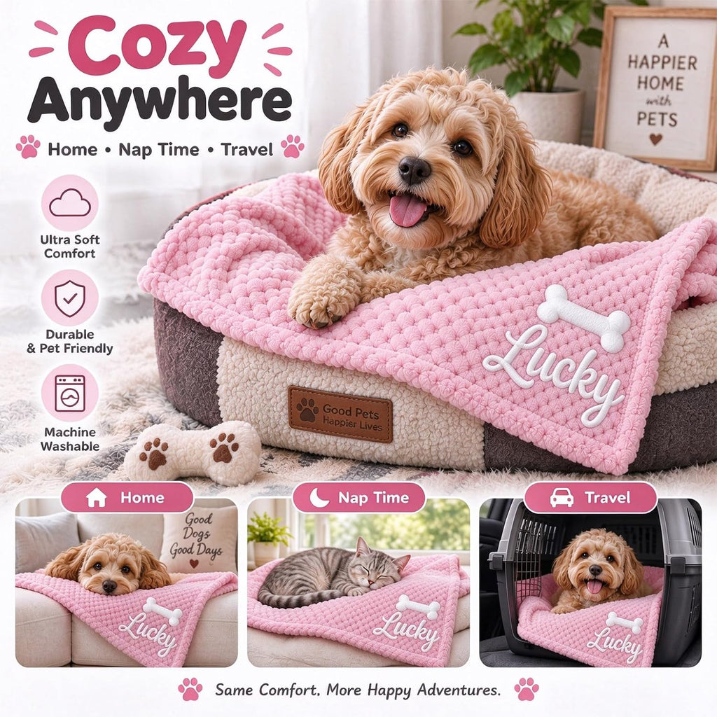 Personalized Pet Blanket Custom Name Embroidered Dog Cat Blanket Soft Throw