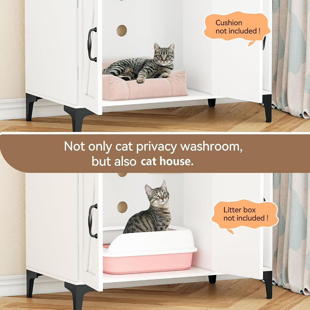 Tall Hidden Cat Litter Box Enclosure Cabinet - 4-Tier Storage Shelves, 2-Door Wood Cat Washroom Furniture, Indoor Cat Ho