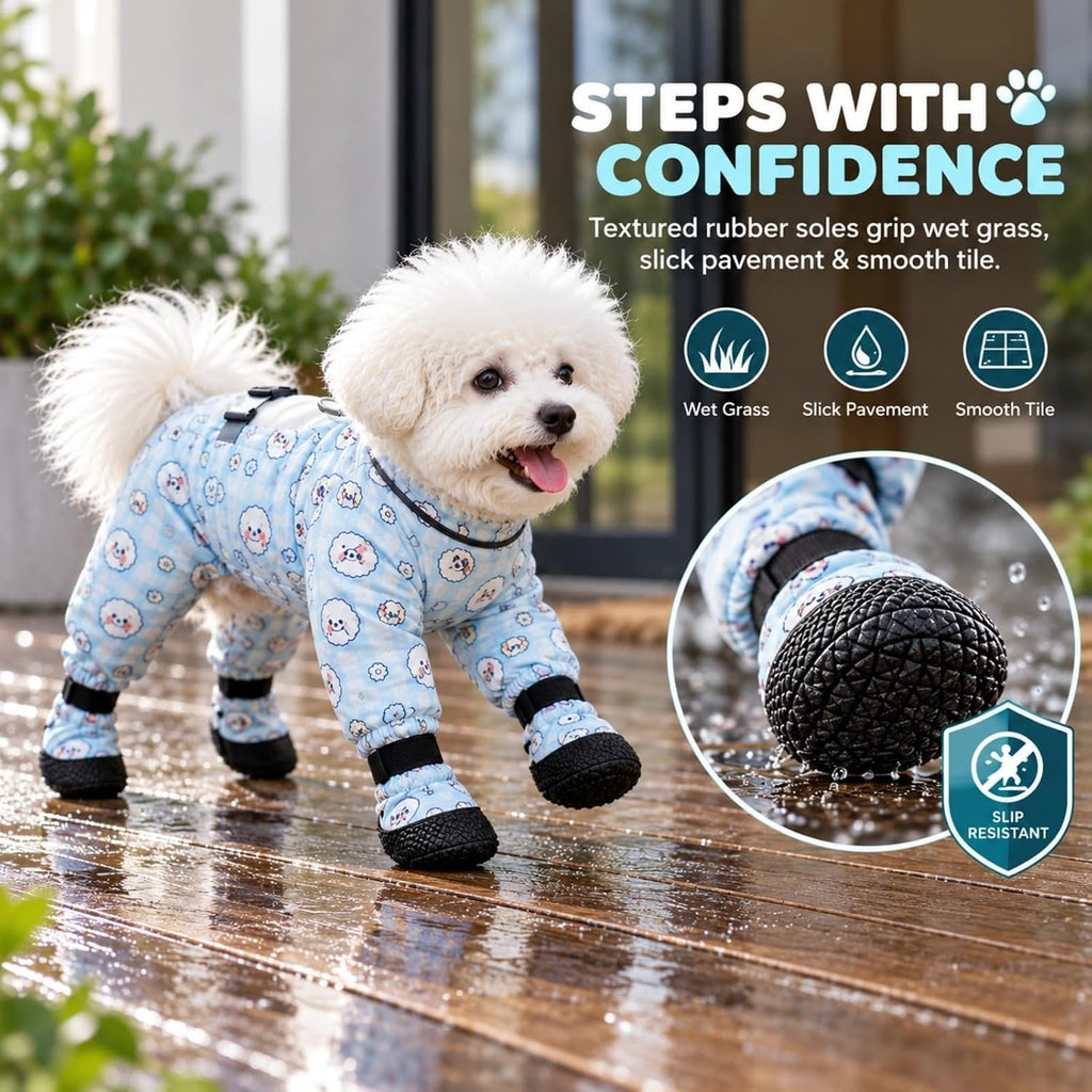 Dog Bodysuit with Shoes Dirtproof Onesie Anti-Slip Paw Protection (Blue,Medium)