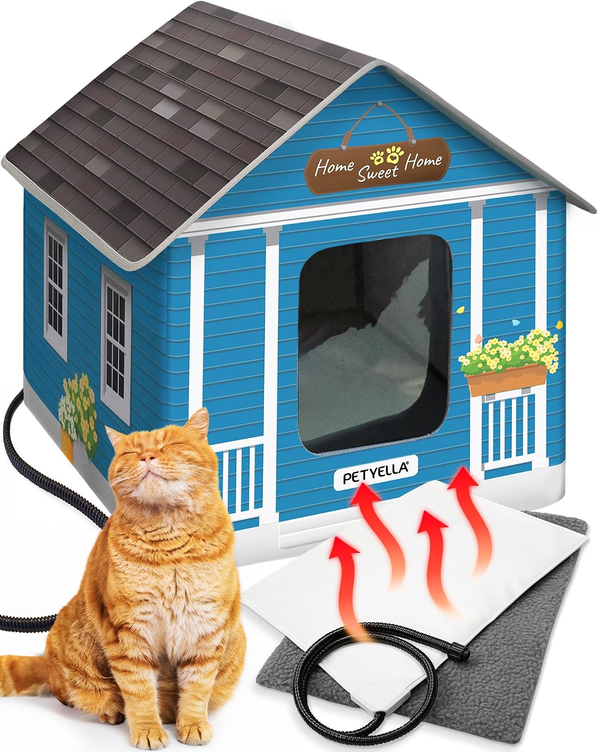 Deluxe Heated Cat House for Winter - Weatherproof, Insulated, Easy Assembly, Cat Heating Pad, Dual Escape Doors, Outdoor