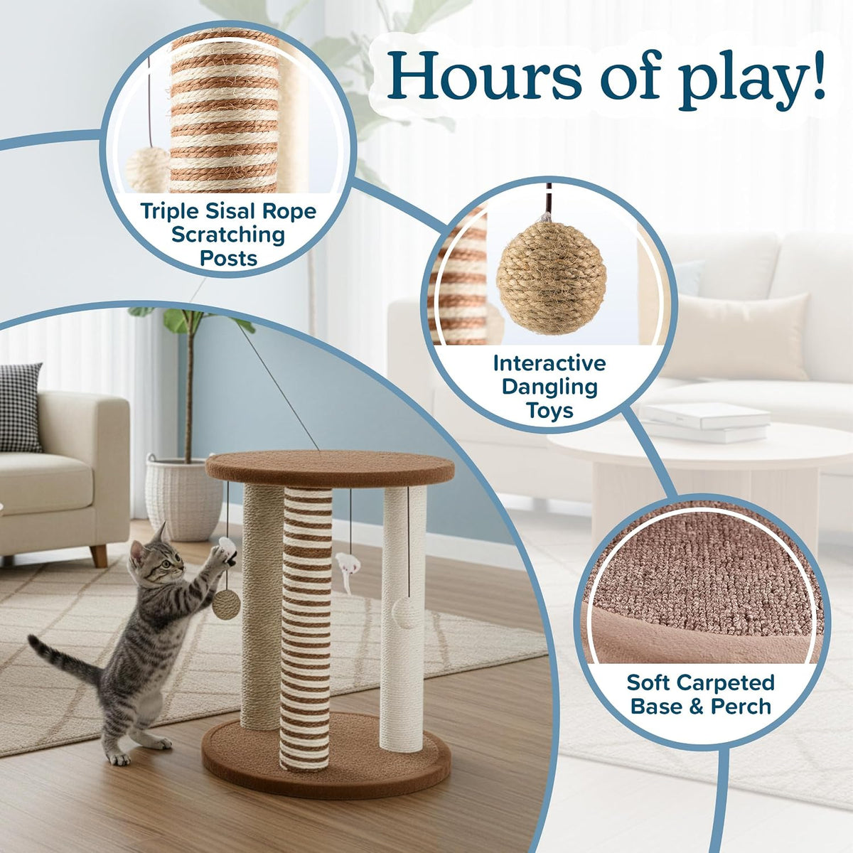 Cat Scratching Post - 3 Scratcher Posts with Carpeted Base Play Area and Perch - Furniture Scratching Deterrent for Indo