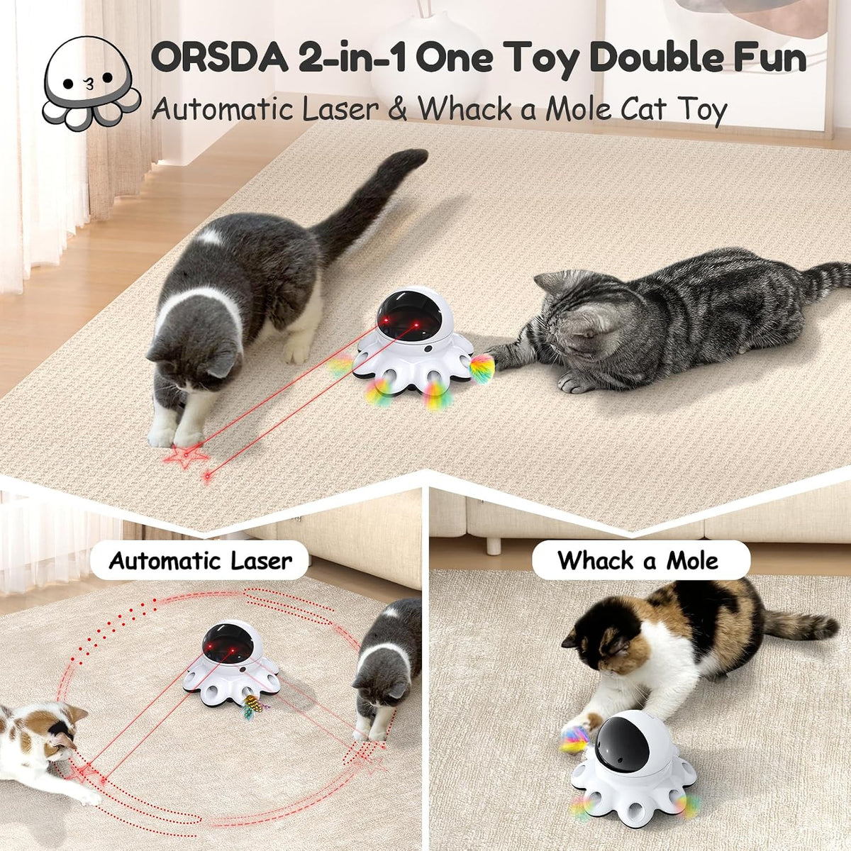 ORSDA Cat Laser Toy, 2-in-1 Interactive Automatic Motion Activated Moving 8 Holes Whack A Mole Feather, USB Rechargeable