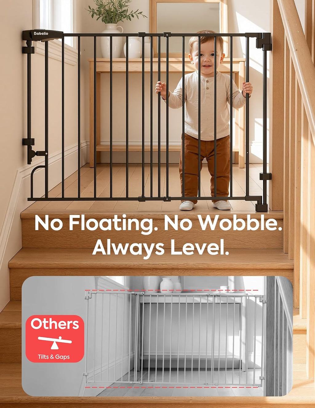 Babelio Removable Baby Gate for Stairs No Bottom Bar, 29-43", 30" H, Black