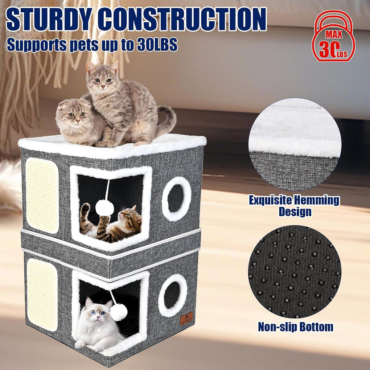 2-Story Cat House for Indoor Cats, Dual-Purpose Cave Bed with Scratch Pad and Fluffy Ball, Foldable Cat Hideaway, Cute C