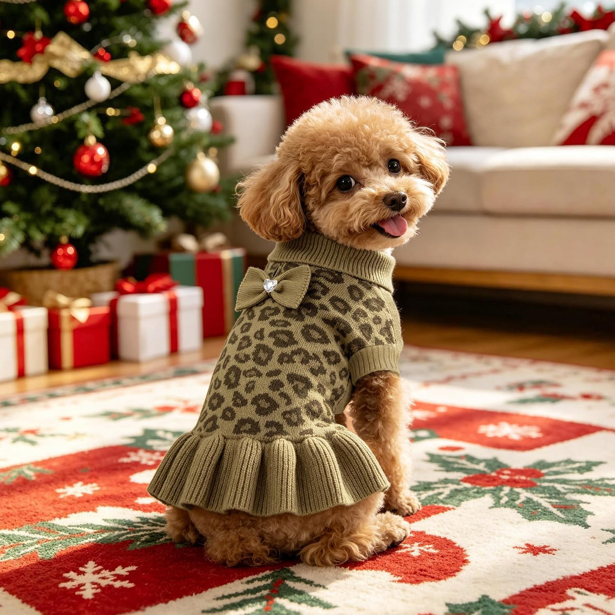 WOYYHO Small Dog Sweater Dress with Bowtie, Knitted Leopard Pet Dog Clothes