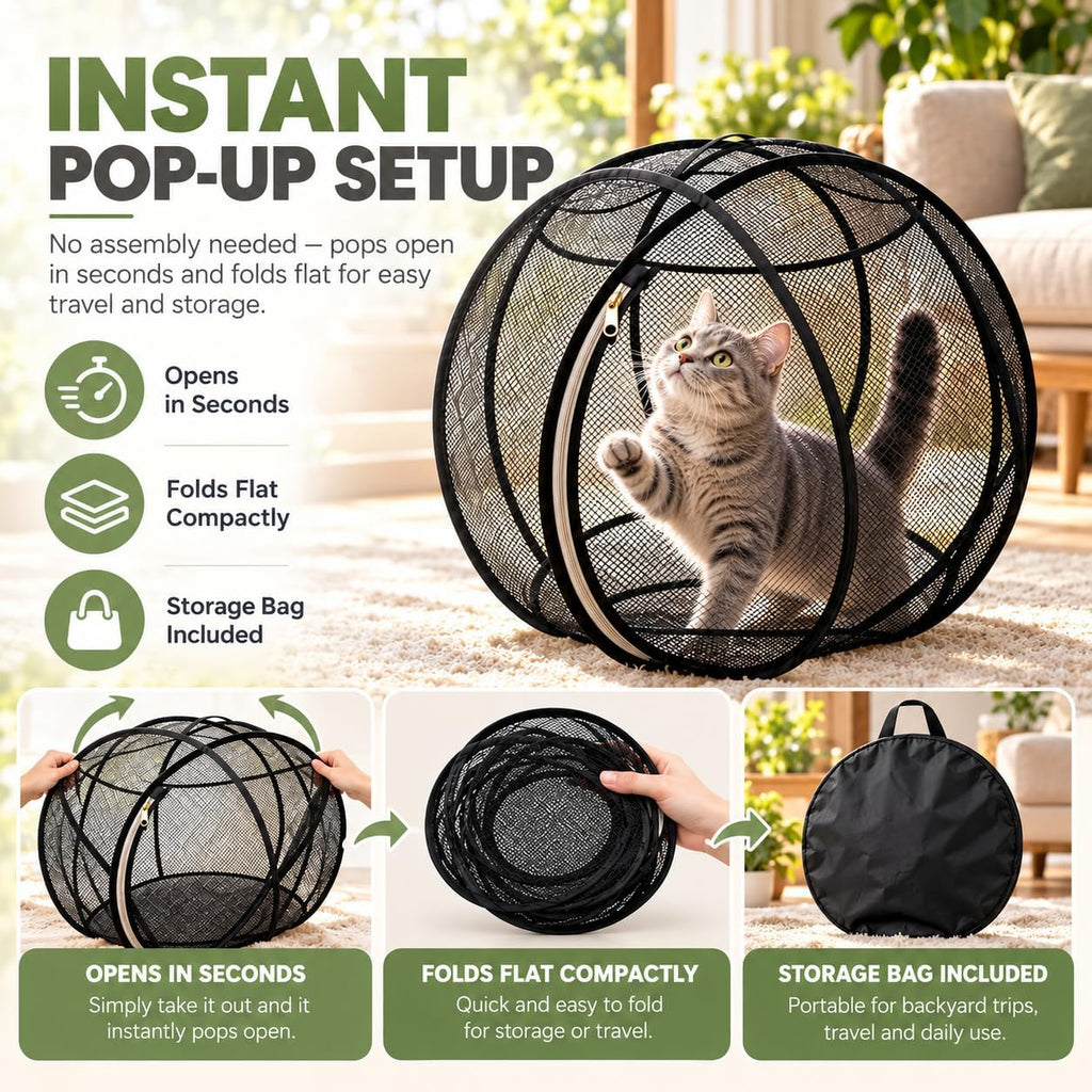 Cat Hamster Ball for Outside, 360° Panoramic Pop-Up Rolling Cat Playpen, 26.77 Inch Foldable Hamster Ball for Cats, Port