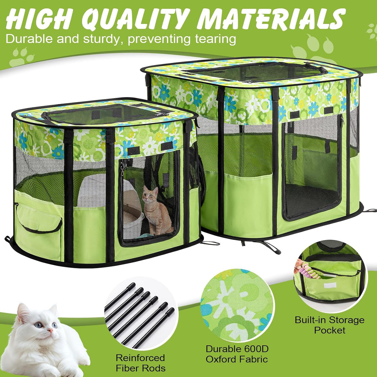 Portable Cat Playpen, Foldable Indoor Outdoor Pet Tent with 2 Areas