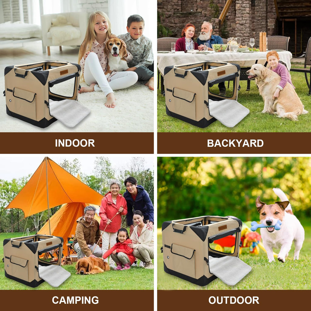 Garnpet 36 Inch Collapsible Soft Dog Crate for Large Dogs, 4-Door Foldable Travel Dog Kennel with Durable Mesh Windows for Indoor & Outdoor Portable Pet Crate, Soft Side Dog Crate, Beige