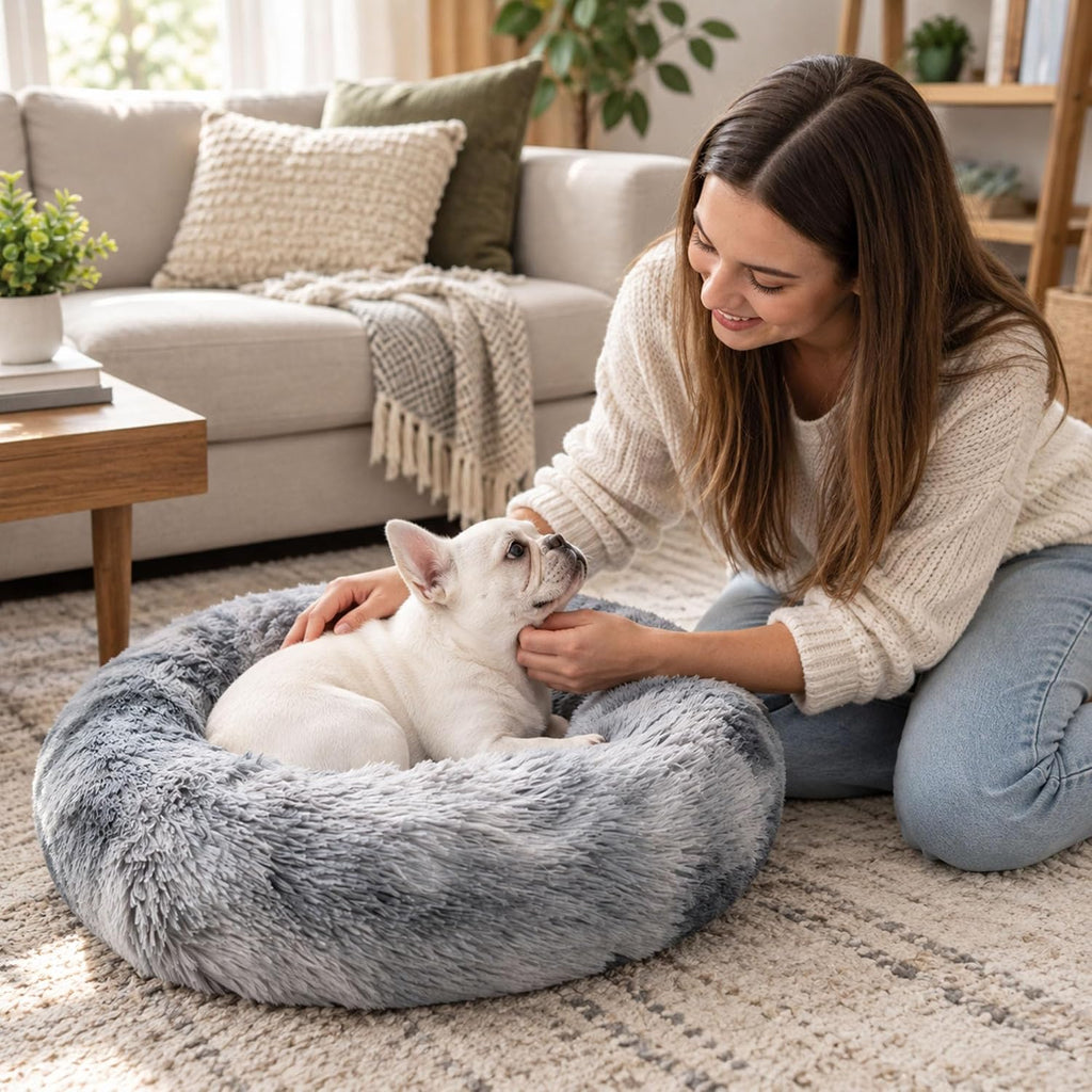 Hoewina Dog & Cat Bed for Indoor Cats, 20in Calming Donut Bed Tie-dye Gray