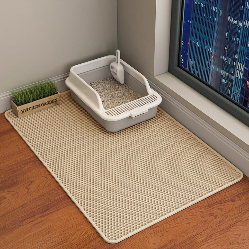 Cat Litter Mat, Double Layer Cat Litter Box Mat (35x24 Inch, Khaki)