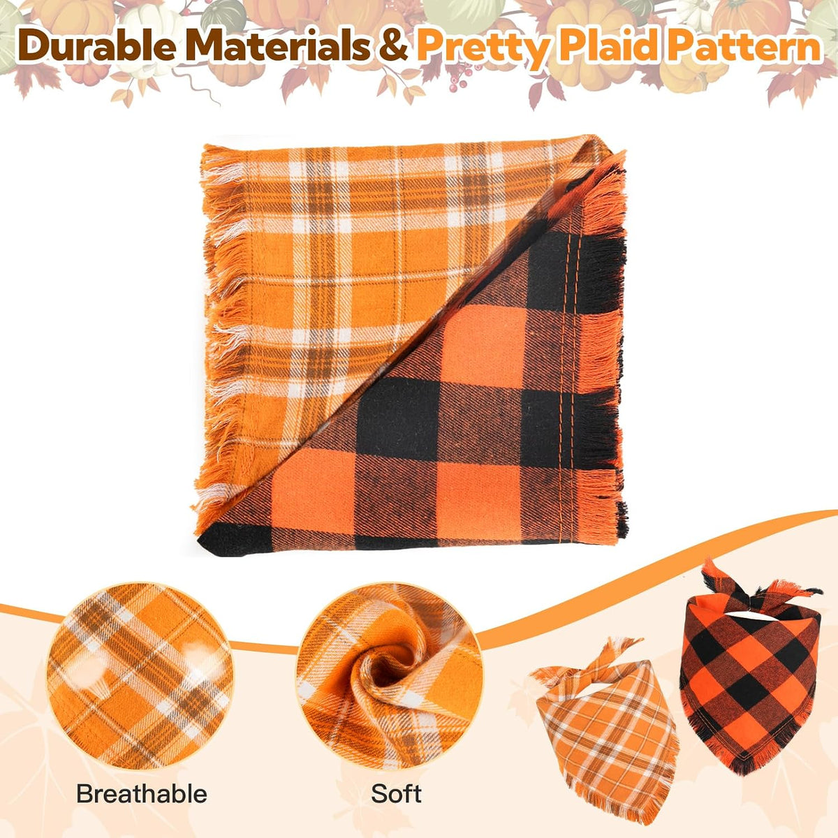 Kytely Dog Bandanas Fall Thankgiving XLarge 2Pack, Plaid Pet Scarf