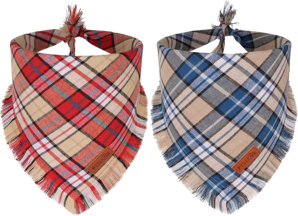 PTDECOR Plaid Fall Dog Bandana, Brown Red Thanksgiving Pet Scarf, X-Large