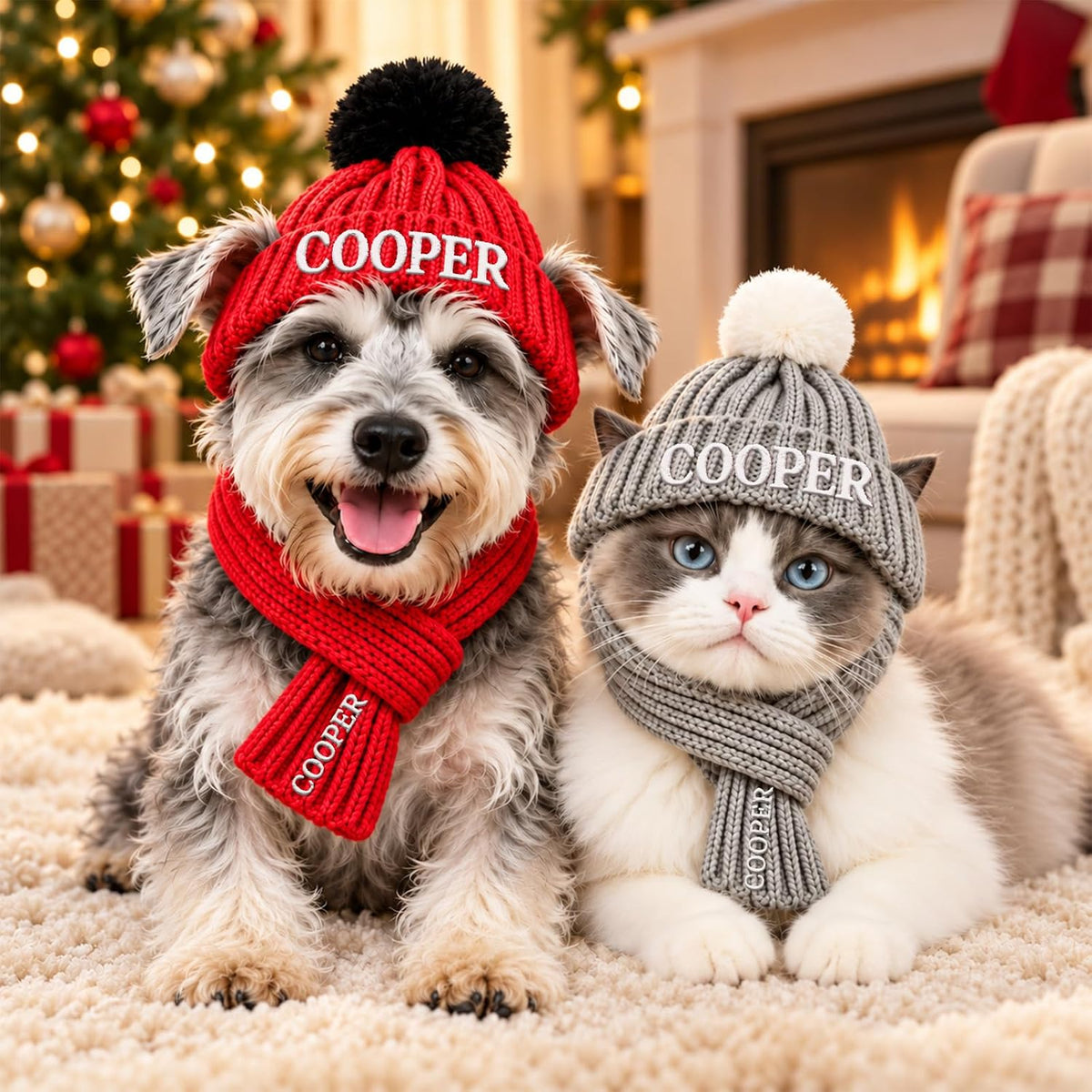 Personalized Dog Beanie with Scarf Set Custom Pet Winter Hat with Ear Holes