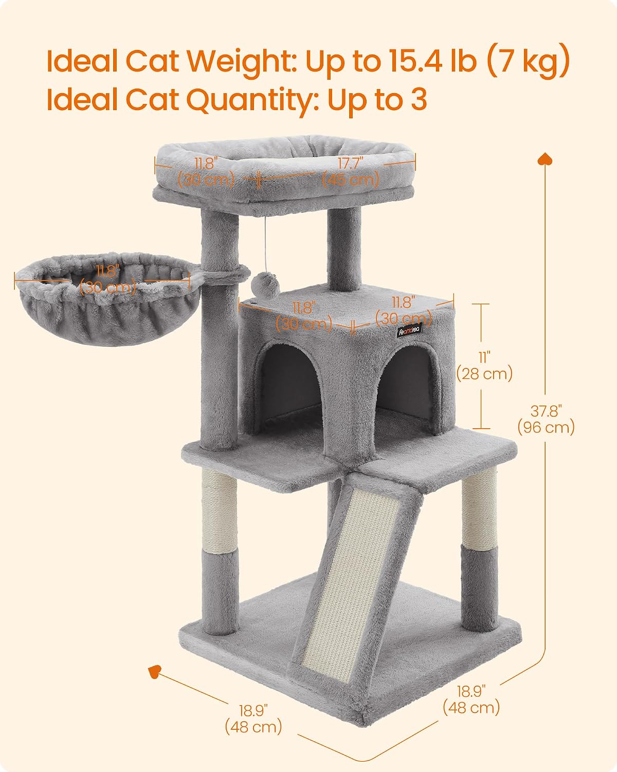 Feandrea Cat Tree, 37.8-Inch Tall Cat Tower, Multi-Level Condo, Light Gray