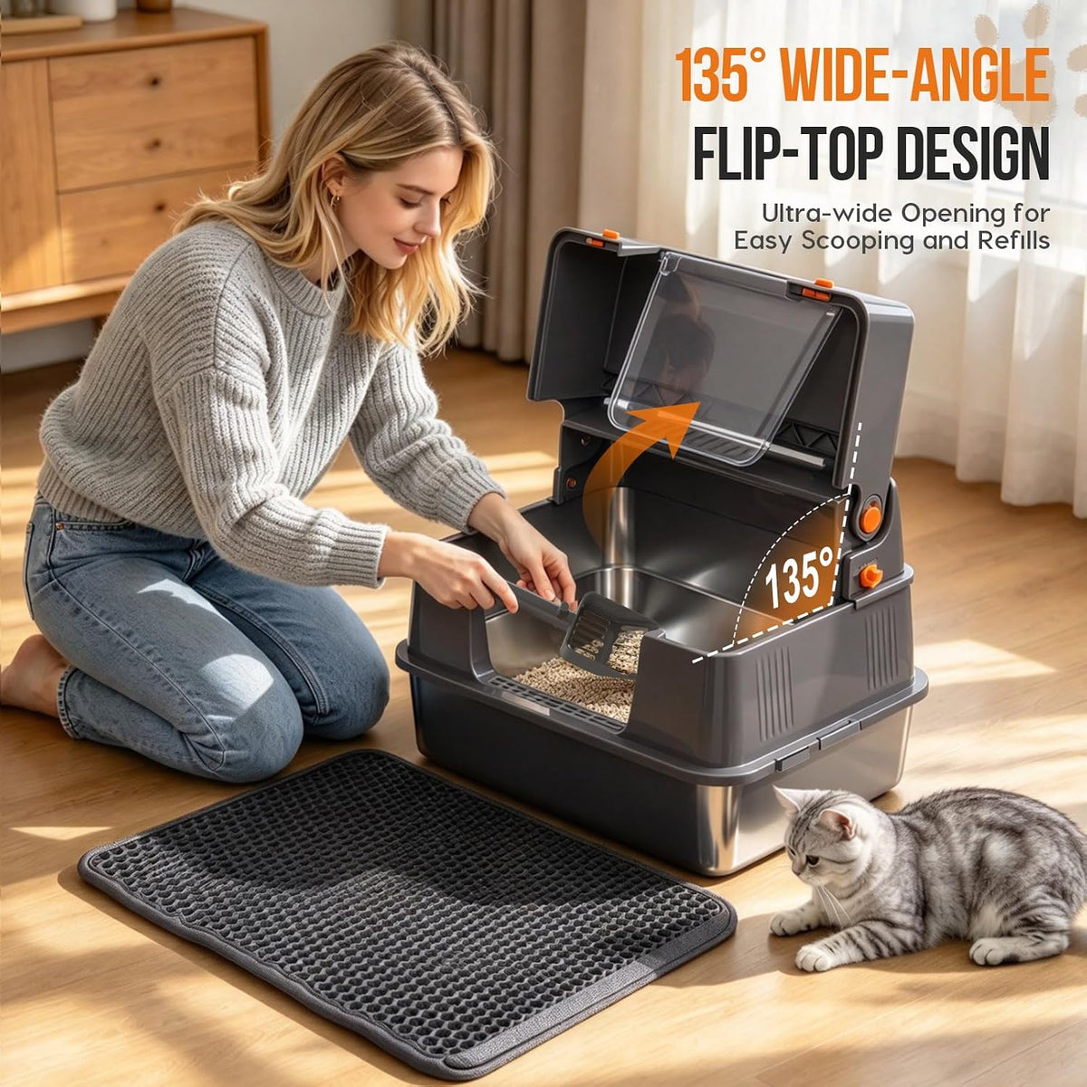 Stainless Steel Litter Box with Lid,135° Flip-Top Lid Litter Box