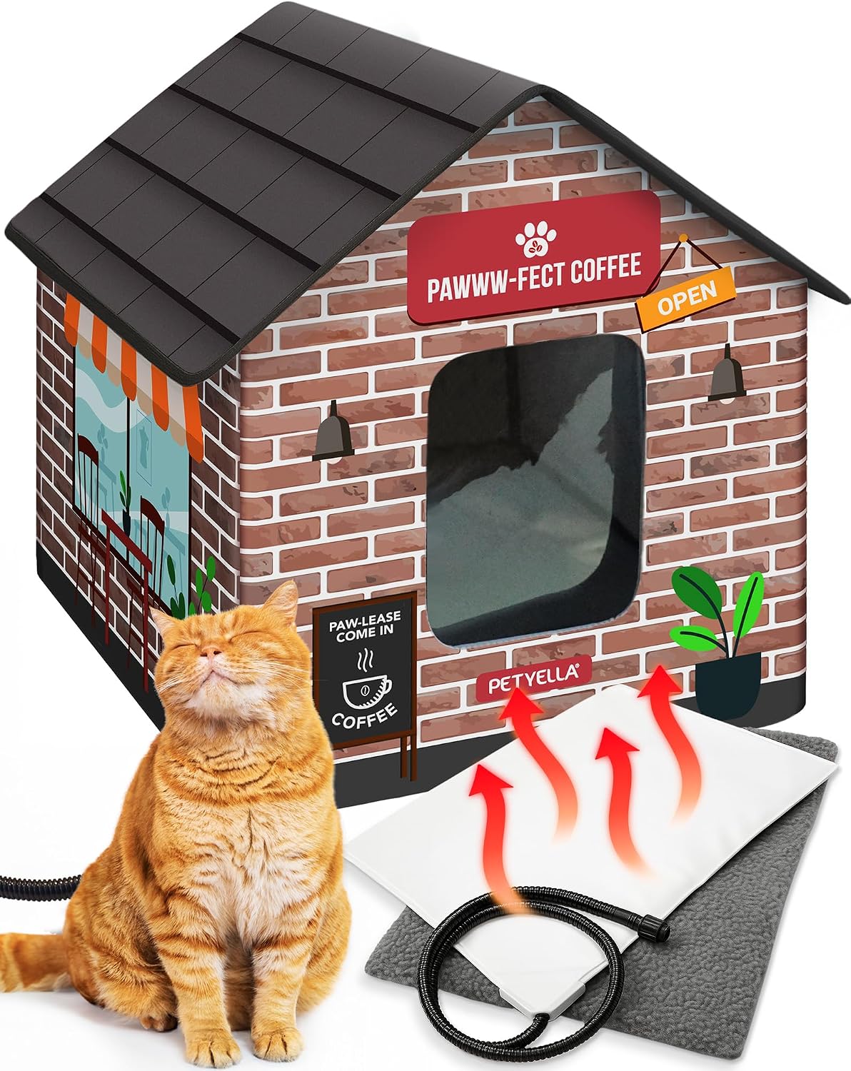 Deluxe Heated Cat House for Winter - Weatherproof, Insulated, Easy Assembly, Cat Heating Pad, Dual Escape Doors, Outdoor