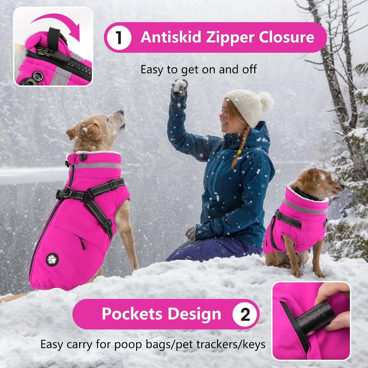 Dogcheer Dog Coat with Harness and Zipper, Waterproof Dog Fleece Jacket