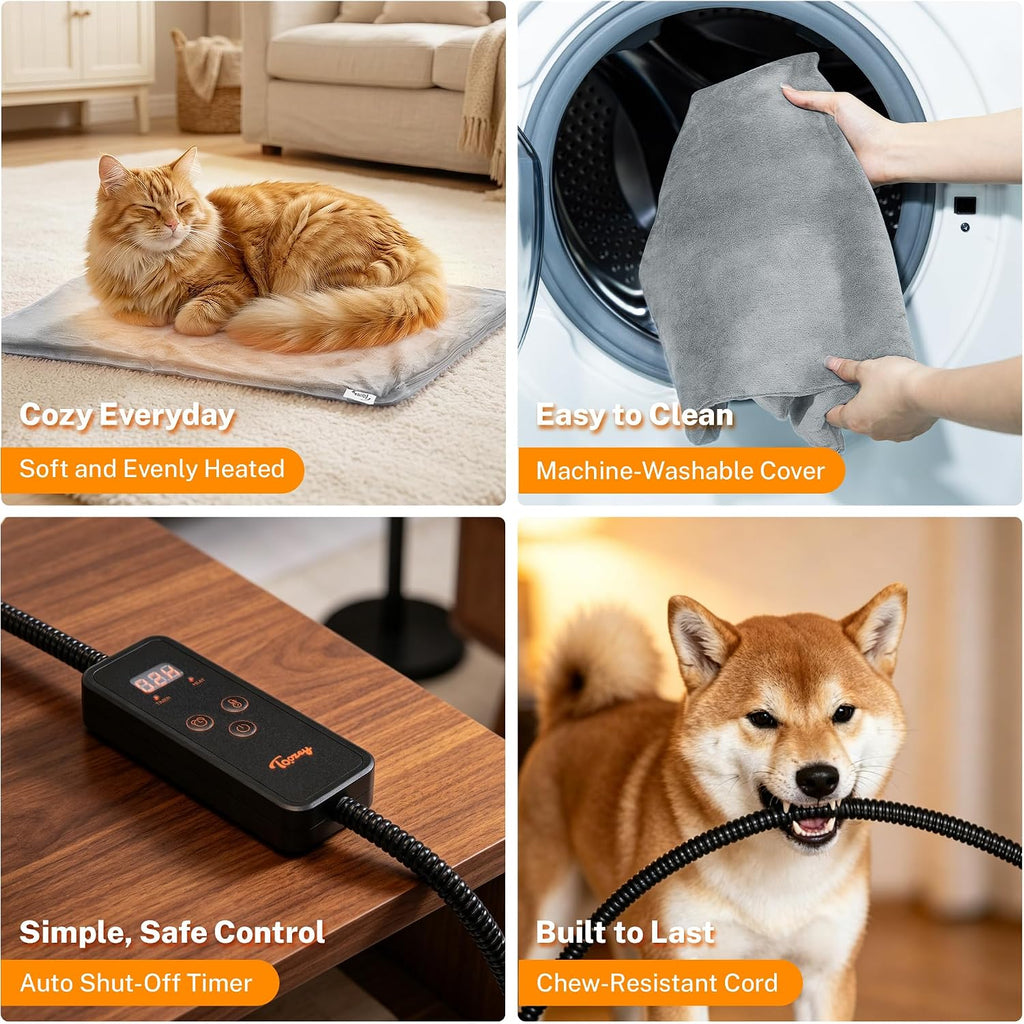 Toozey Cat Heating Pad for Cats & Dogs, Heated Cat Bed Mat, 18x16 in, Grey