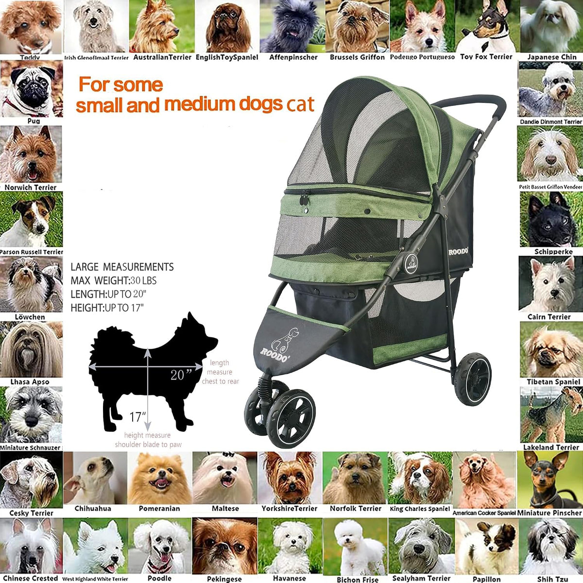 ROODO 3 Wheel Pet Stroller Best Lightweight Foldable Compact Portable Jogger All Terrain Travel Pet Gear Puppy Kitty Str