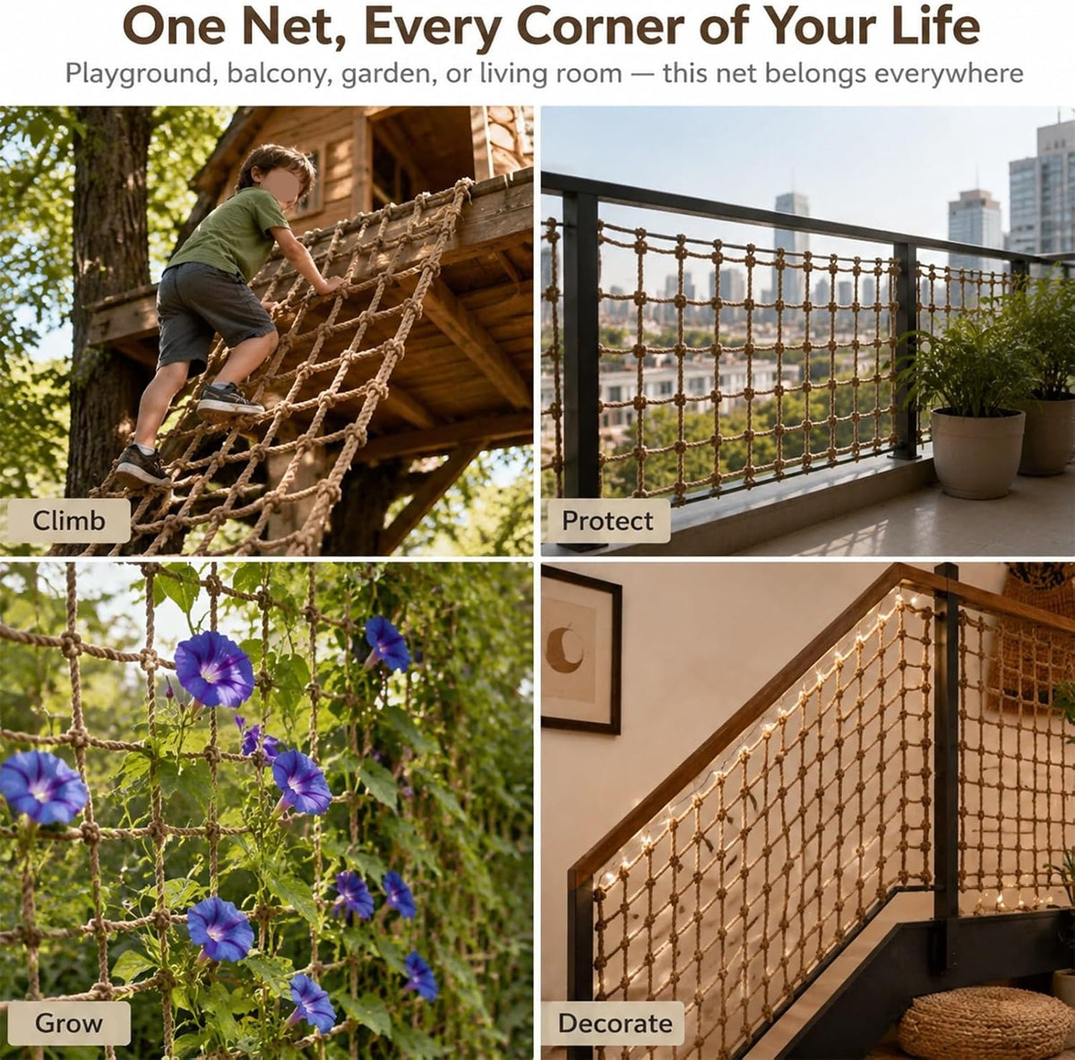 Balcony Safety Net 3x13FT, 0.4in Jute Climbing Rope Mesh for Stairs