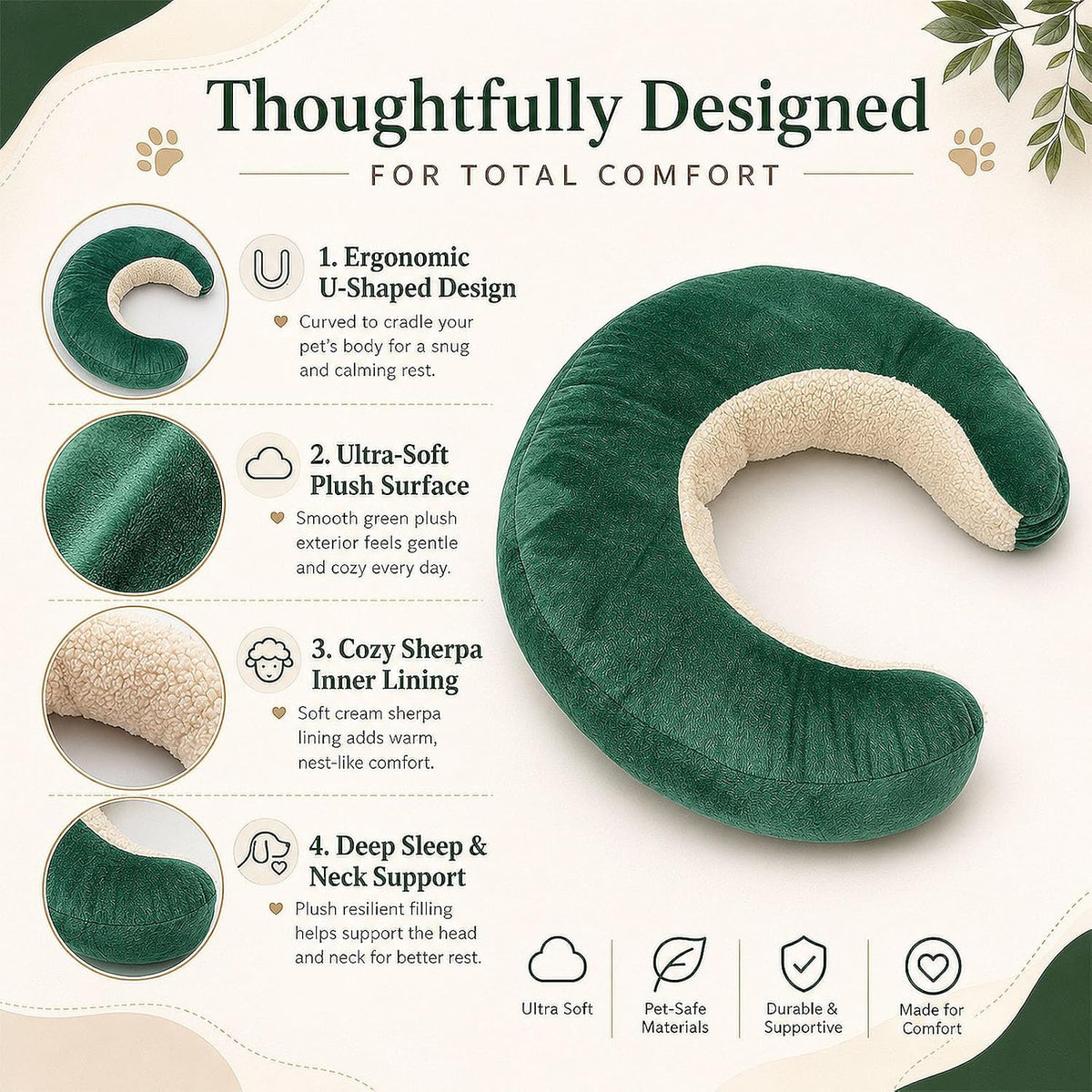 Pet Pillow Calming Soft Plush U-Shaped Neck Support Dogs Cats