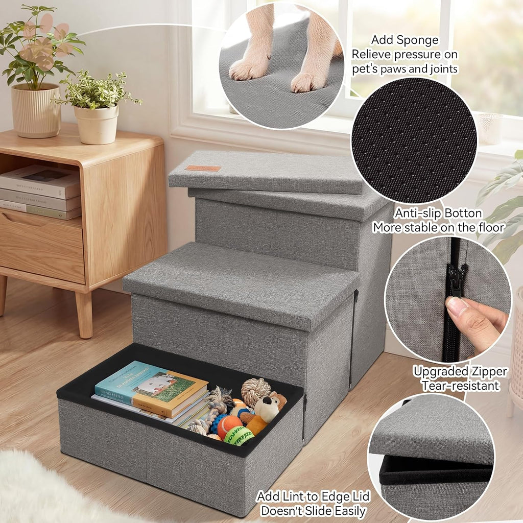 Zerbuger 3 Step Dog Stairs with Storage, 18" High Folding Pet Steps, Grey