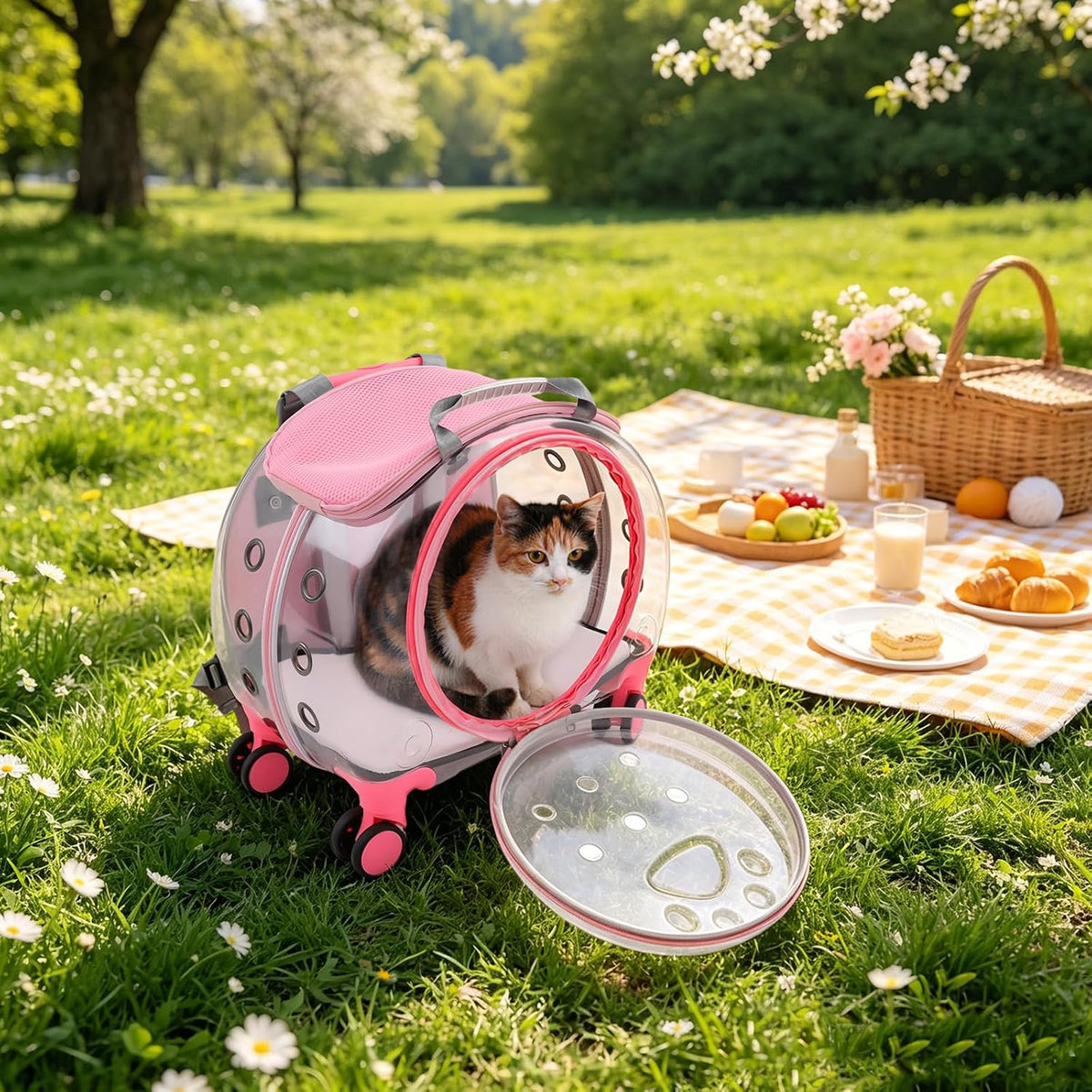 Pet Trolley Case with Shock-Absorbing Wheels, Pet Backpack Carrier(Pink)