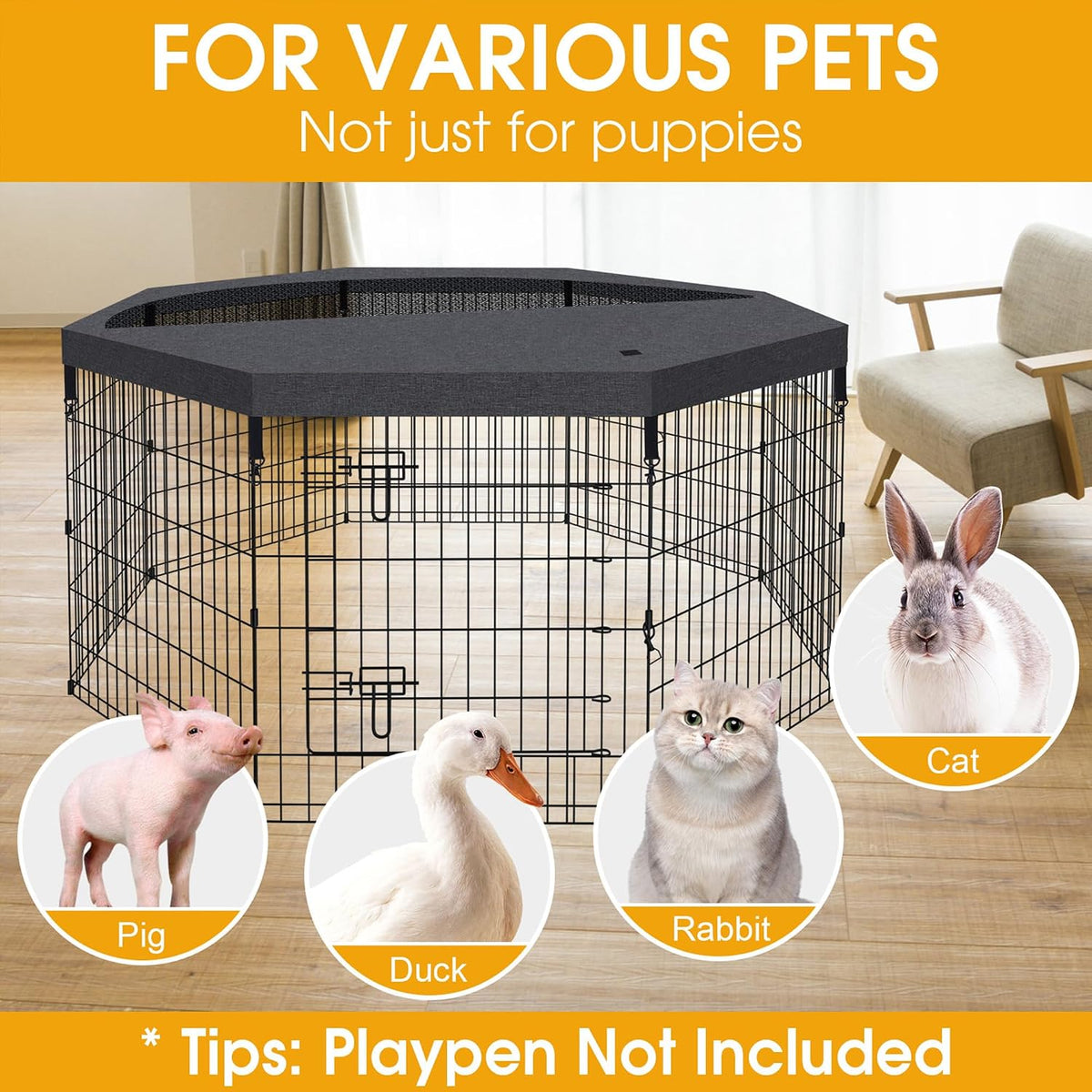 Dog Playpen Top Cover Only, for 8 Panel 24 Inch Wide Octagonal Mesh Black