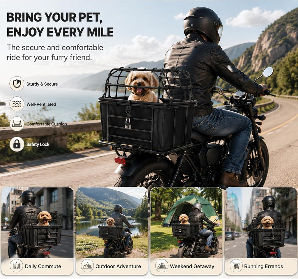 Motorcycle Dog Carrier with Mounting Bracket with Lid and Inner Liner Bag