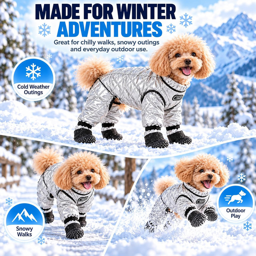 Dog Snowsuit with Attached Boots, Waterproof Winter Full Body Coat，Grey：S