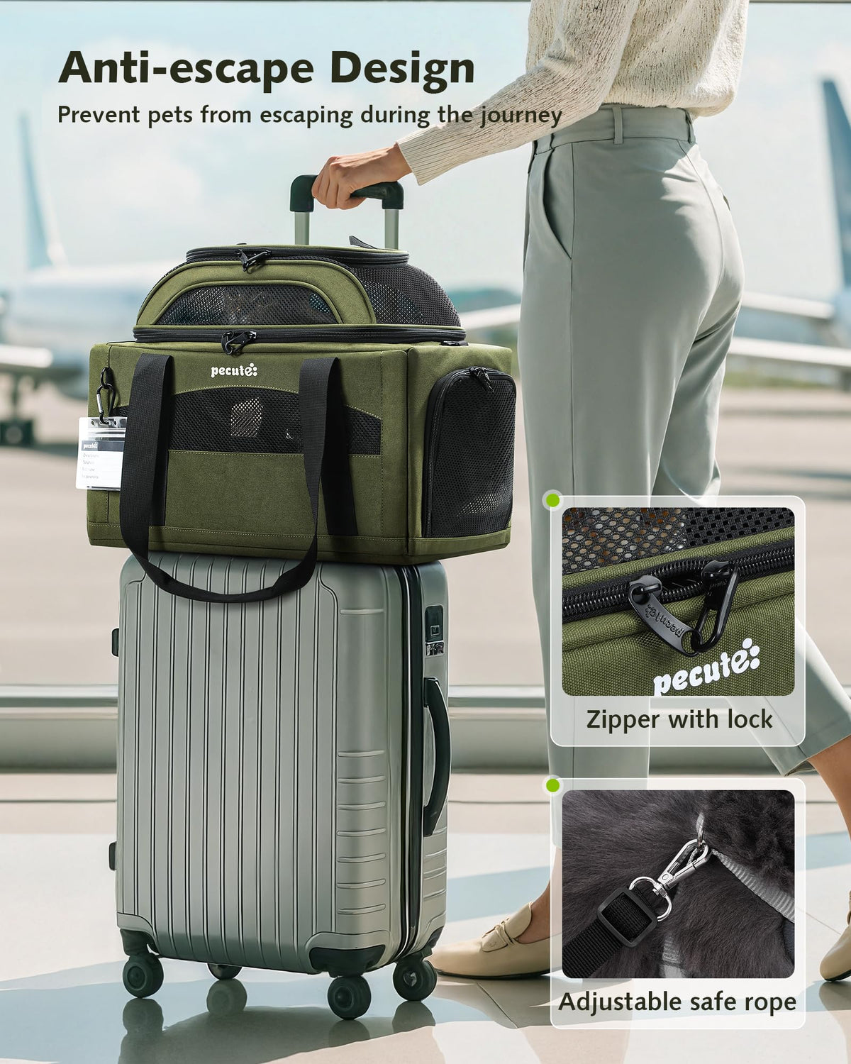 Pecute Top Expandable Airline Approved Pet Carrier for Cats, Olive Green