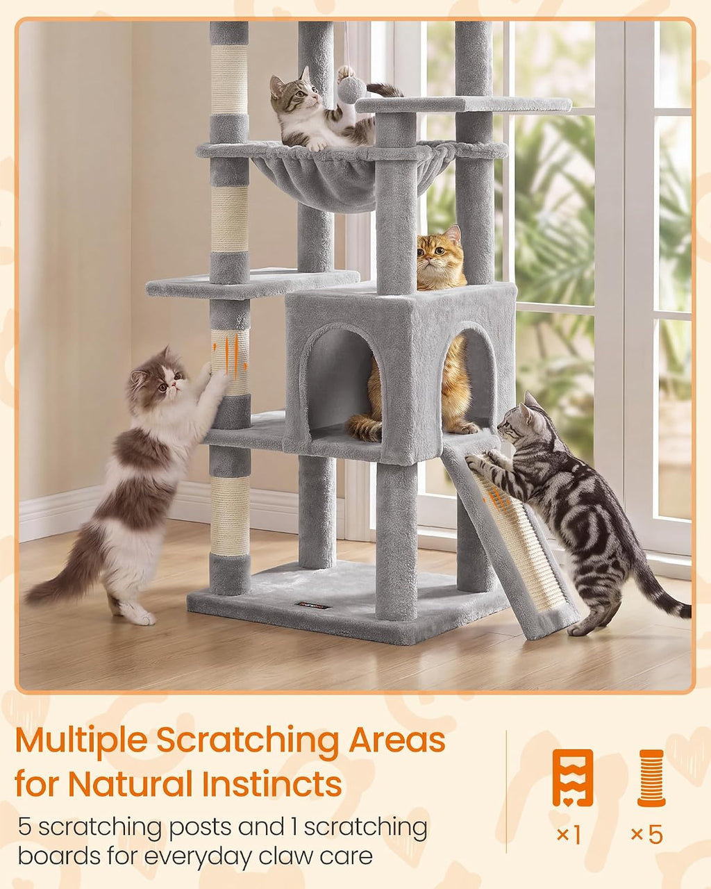 Feandrea Cat Tree, 70.3" Heavy Duty Cat Tower Condo for Indoors, Dove Gray