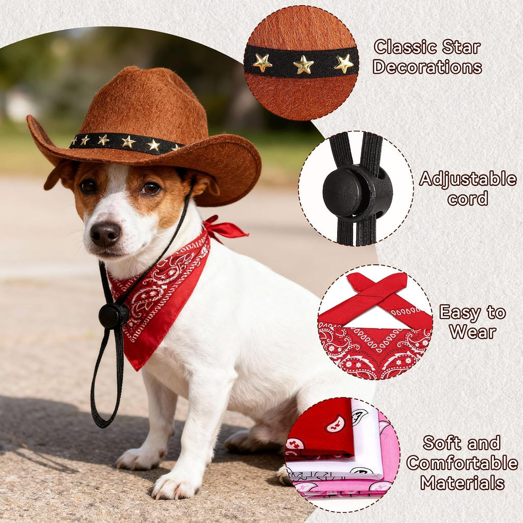 Pet Cowboy Costume, Dog Cowboy Hat with Bandana Scarf, Adjustable Cat Cowboy Hat for Party Cosplay Christmas, Halloween 