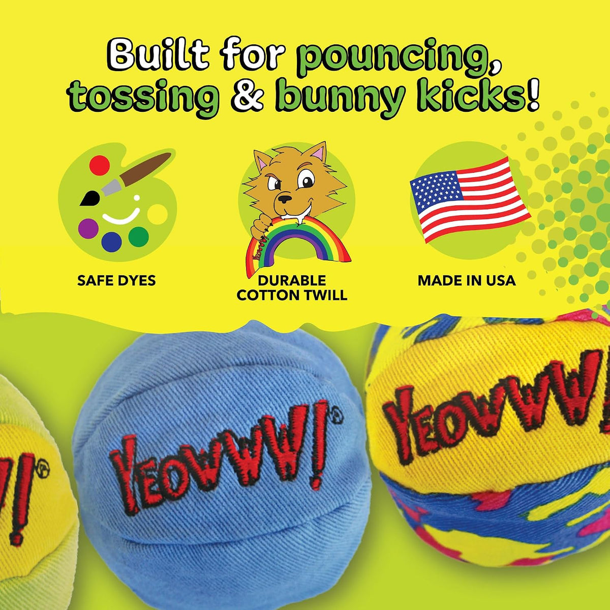 Yeowww! Catnip My Cats Balls Toys for Cats - 3-Pack - Durable Cotton Twill - Made in the USA - Stuffed with Organically 