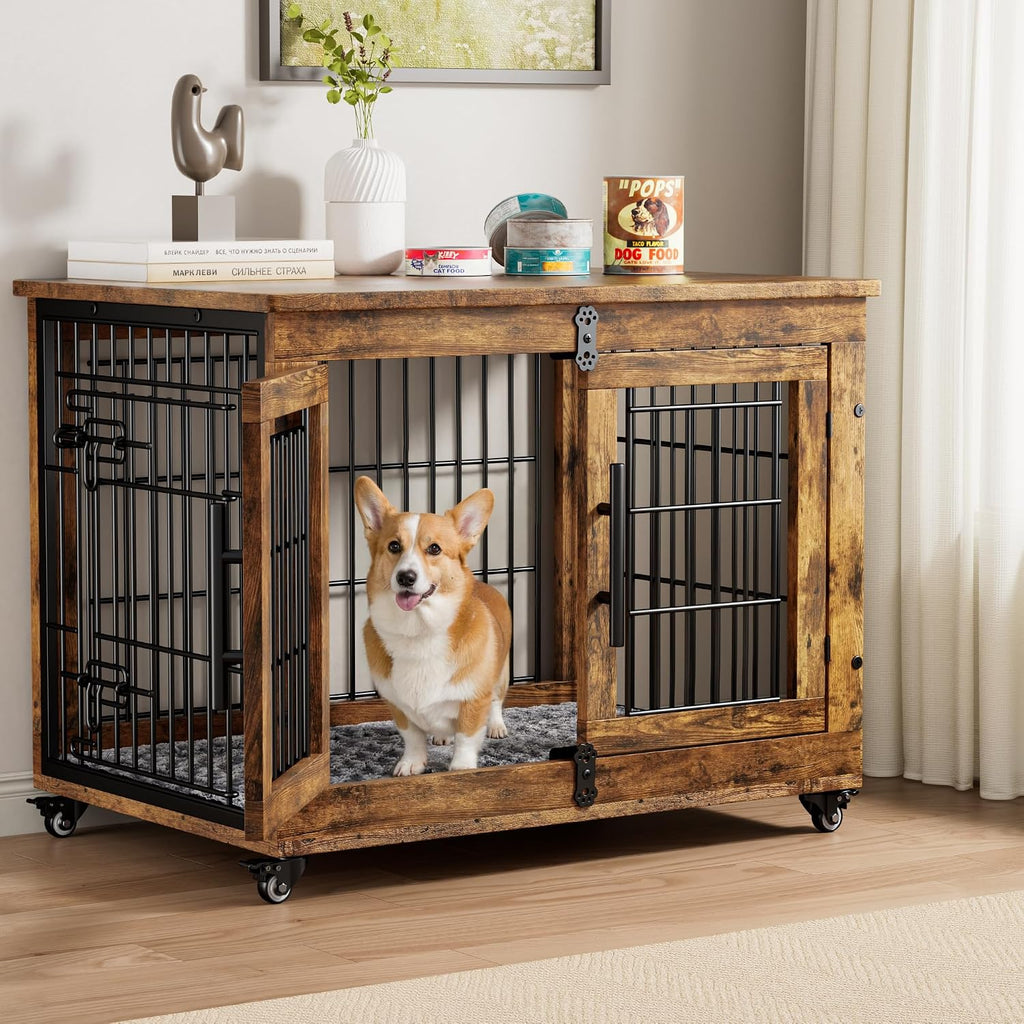 Medium Dog Crate Furniture, 32'' Heavy Duty Kennel w/Cushion & Wheels