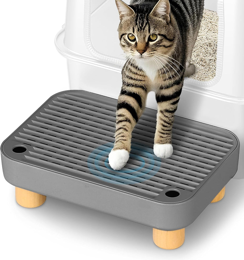 Litter Box Step, Litter Box Ramp/Catcher with Wooden Base, Anti-Tracking & Easy to Clean, Ideal for Small & Elderly Cats