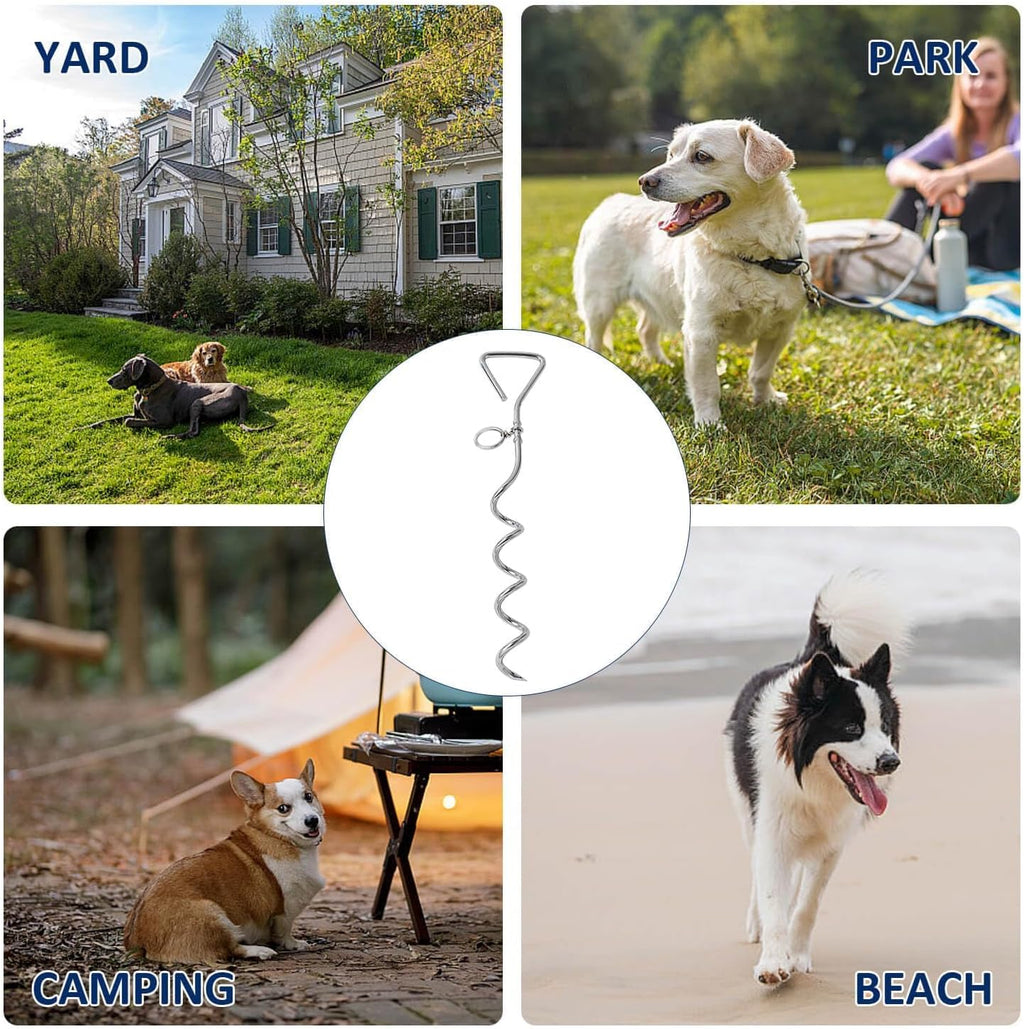 Dog Tie-Out Stake, Durable Silver Spiral Anchorstake, Secure Outdoor Tethering for All Cable Leash Chain, Camping Yard, 